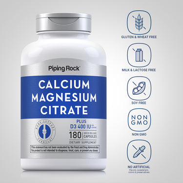 Calcium & Magnesium Citrate Plus D3 (Cal 300mg/Mag 150mg/D3 400IU) (per serving), 180 Quick Release Capsules