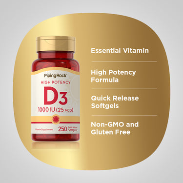 High Potency Vitamin D3, 1000 IU, 250 Quick Release Softgels
