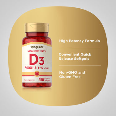 High Potency Vitamin D3, 5000 IU, 250 Quick Release Softgels
