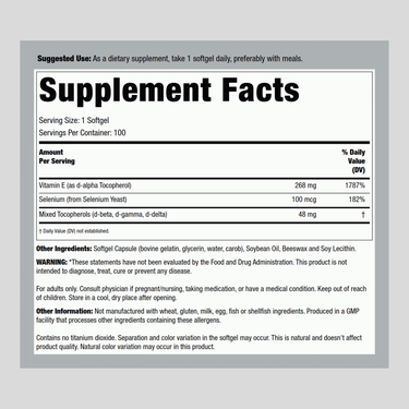 Vitamin E-400 (d-Alpha with Mixed Tocopherols) & Selenium, 100 Softgels