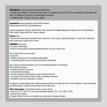 Antihistamine Diphenhydramine HCl 25 mg (Allergy Relief), Compare to Benadryl , 100 Tablets