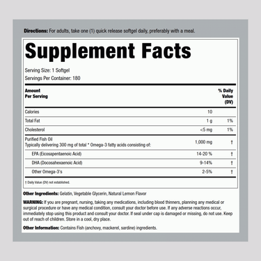 Omega-3 Fish Oil Regular Strength (Lemon), 1000 mg, 180 Quick Release Softgels