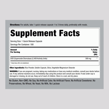 SOD Superoxide Dismutase 2400 Units, 300 mg, 180 Quick Release Capsules