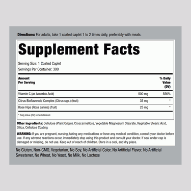 Vitamin C 500 mg with Bioflavonoids & Rose Hips, 300 Coated Caplets