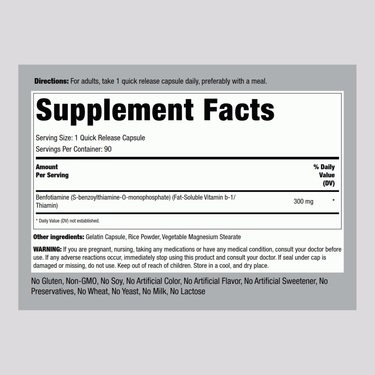 Benfotiamine (Fat Soluble Vitamin B-1), 300 mg, 90 Quick Release Capsules