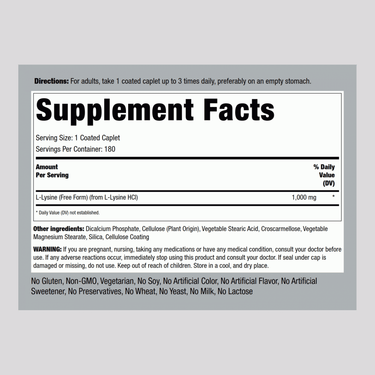 L-Lysine (Free Form), 1000 mg, 180 Coated Caplets