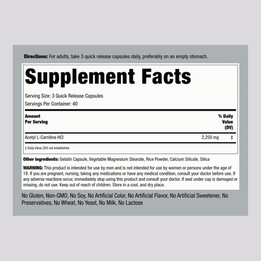 Acetyl L-Carnitine, 2250 mg (per serving), 120 Quick Release Capsules