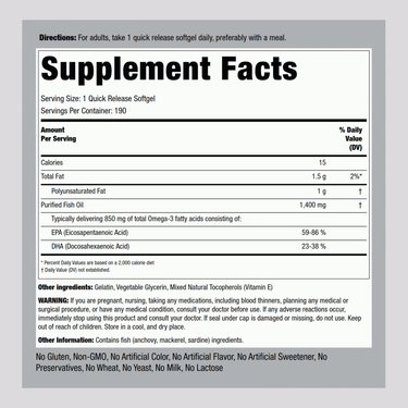 Triple Strength Omega-3 Fish Oil 1400 mg (850 mg Active Omega-3), 190 Quick Release Softgels