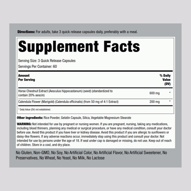 Horse Chestnut (Standardized Extract), 600 mg (per serving), 180 Quick Release Capsules