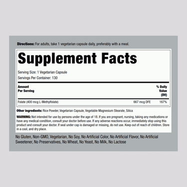 L-Methylfolate, 400 mcg, 130 Vegetarian Capsules