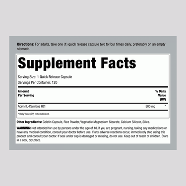 Acetyl L-Carnitine, 500 mg, 120 Quick Release Capsules