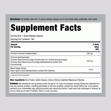 Turmeric Curcumin Standardized Extract, 500 mg, 180 Quick Release Capsules